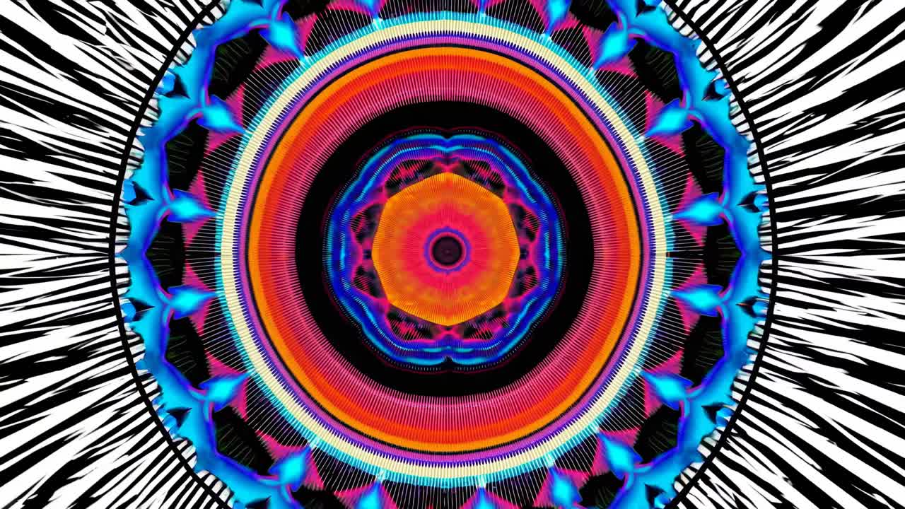 Vista dall'alto di un modello caleidoscopico e vivace con colori neon e simmetria radiale