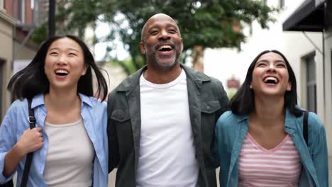joyful moments in the city: a group of friends enjoying their time together while walking down a vibrant street, filled with laughter and happiness
