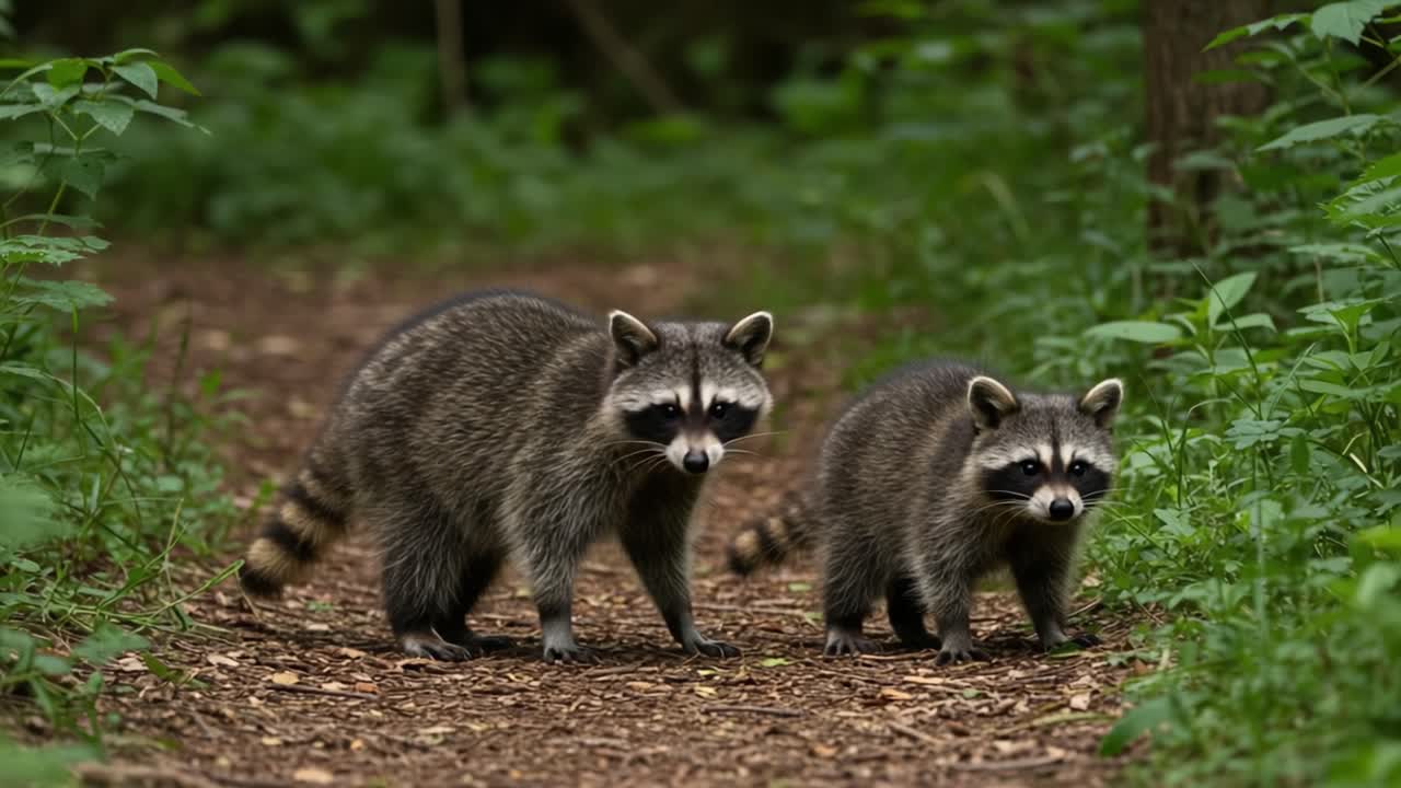 Two raccoons exploring a forest path, highlighting their playful nature and natural curiosity amidst the lush greenery and textured forest floor