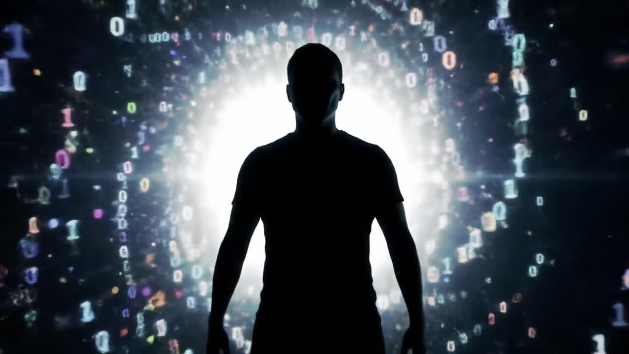 A silhouette stands against a swirling vortex of binary code, symbolizing the intersection of technology and human existence in a digital universe