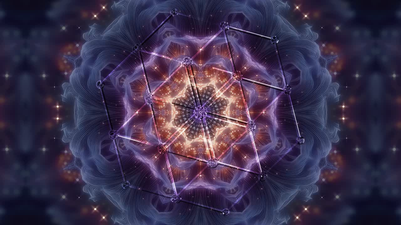 A luminous fractal mandala featuring a hexagonal lattice sacred geometry glyph. This seamless 4K60 loop features star-like energy bursts - is perfect for meditation visuals, VJ sets, and stage design