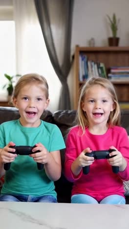 two blonde girls playing video games in the living room at home.