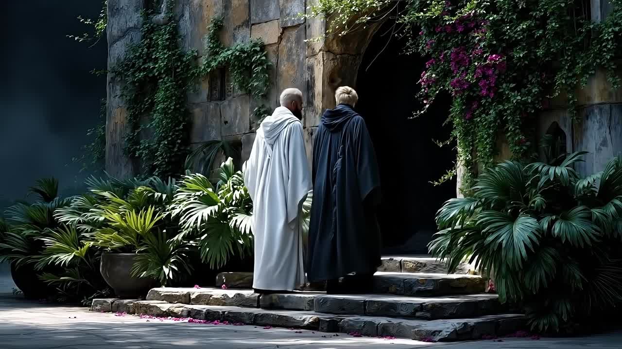 A man and a woman standing in front of a stone building
