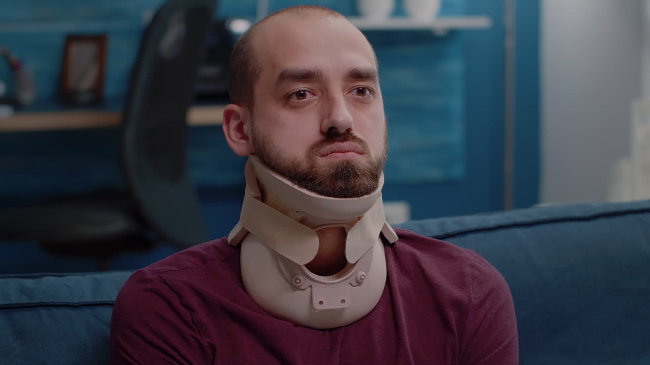Close up of ill person wearing cervical neck collar against vertebra injury