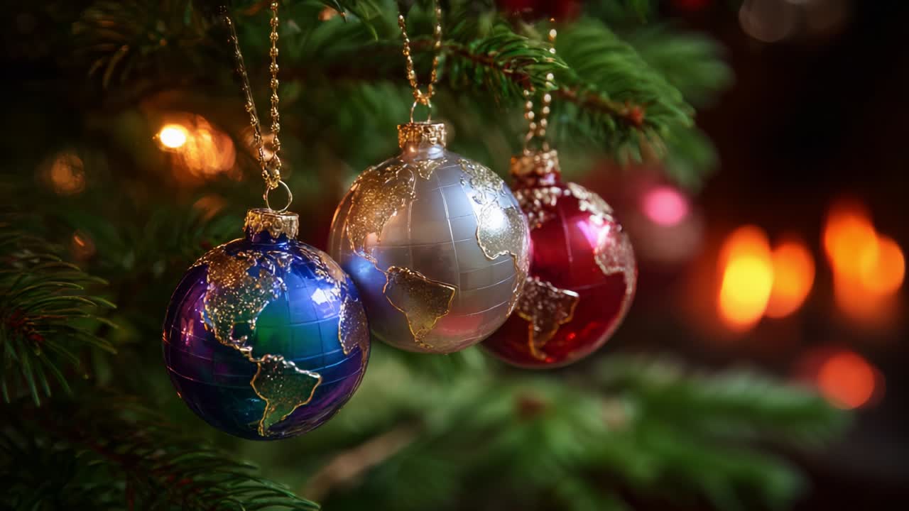 A festive display of colorful globe ornaments hanging on a Christmas tree, capturing the spirit of the holiday season with intricate designs and warm lights in the background to enhance the joyful atmosphere