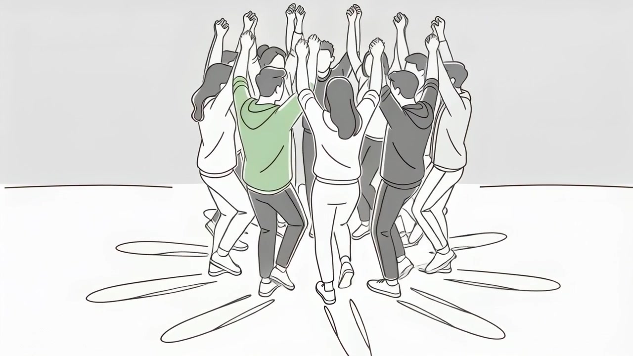 Signaling green-top lead guiding group holding hands and stepping in closing circle in studio