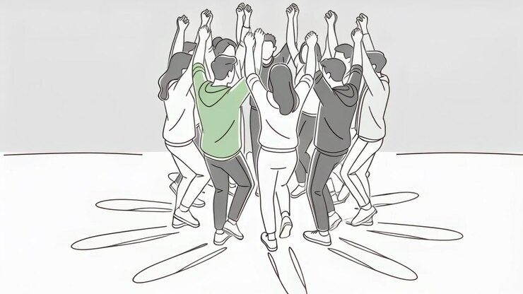 Signaling green-top lead guiding group holding hands and stepping in closing circle in studio