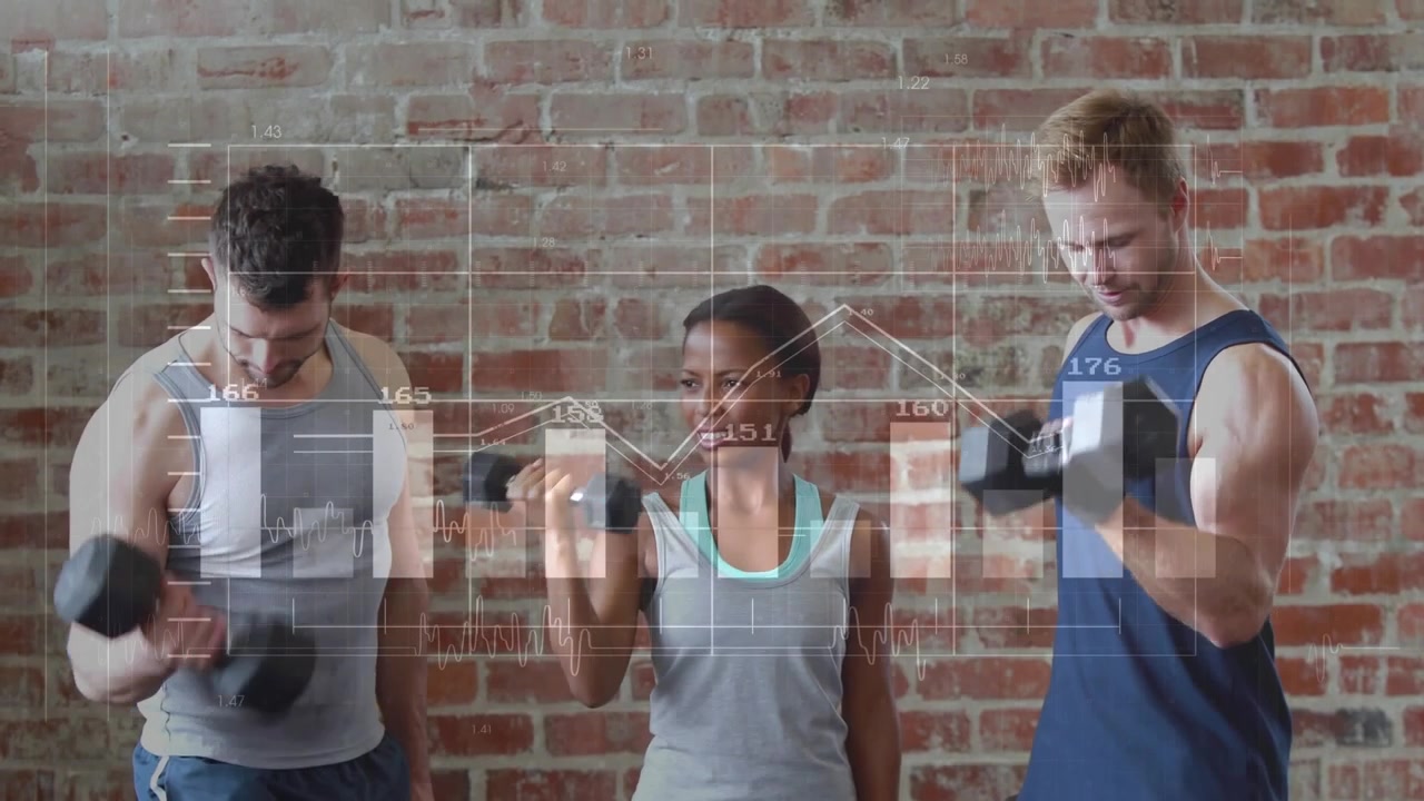 Center woman giving cues, group curling weights for fitness metrics while animated charts updating
