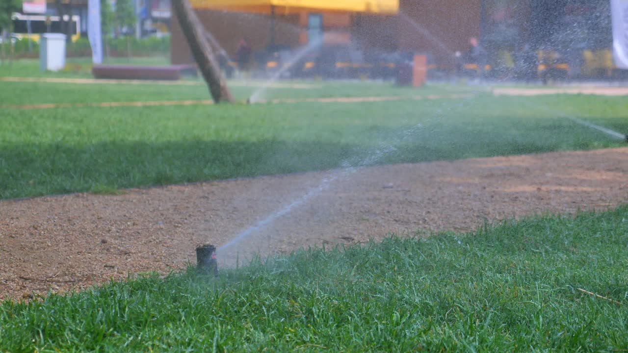 Irrigazione di un prato del parco con irrigatori
