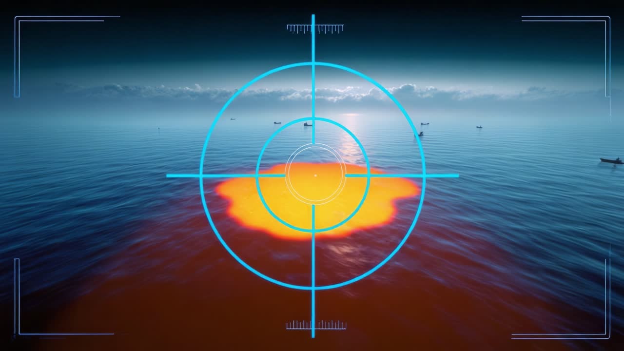 Ocean surface viewed through targeting scope. Bright orange thermal glow highlights underwater anomaly. Blue crosshair centers on glowing zone. Misty horizon shows distant vessels