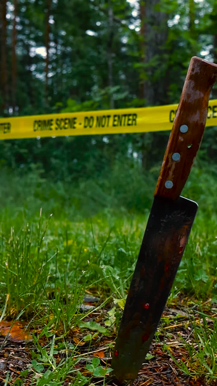 Bloody knife vertically standing in front of a yellow Crime Scene Do Not Enter tape at a forest during a cloudy and wet day. The knife is stabbed in the grassy ground and background is blurry bokeh