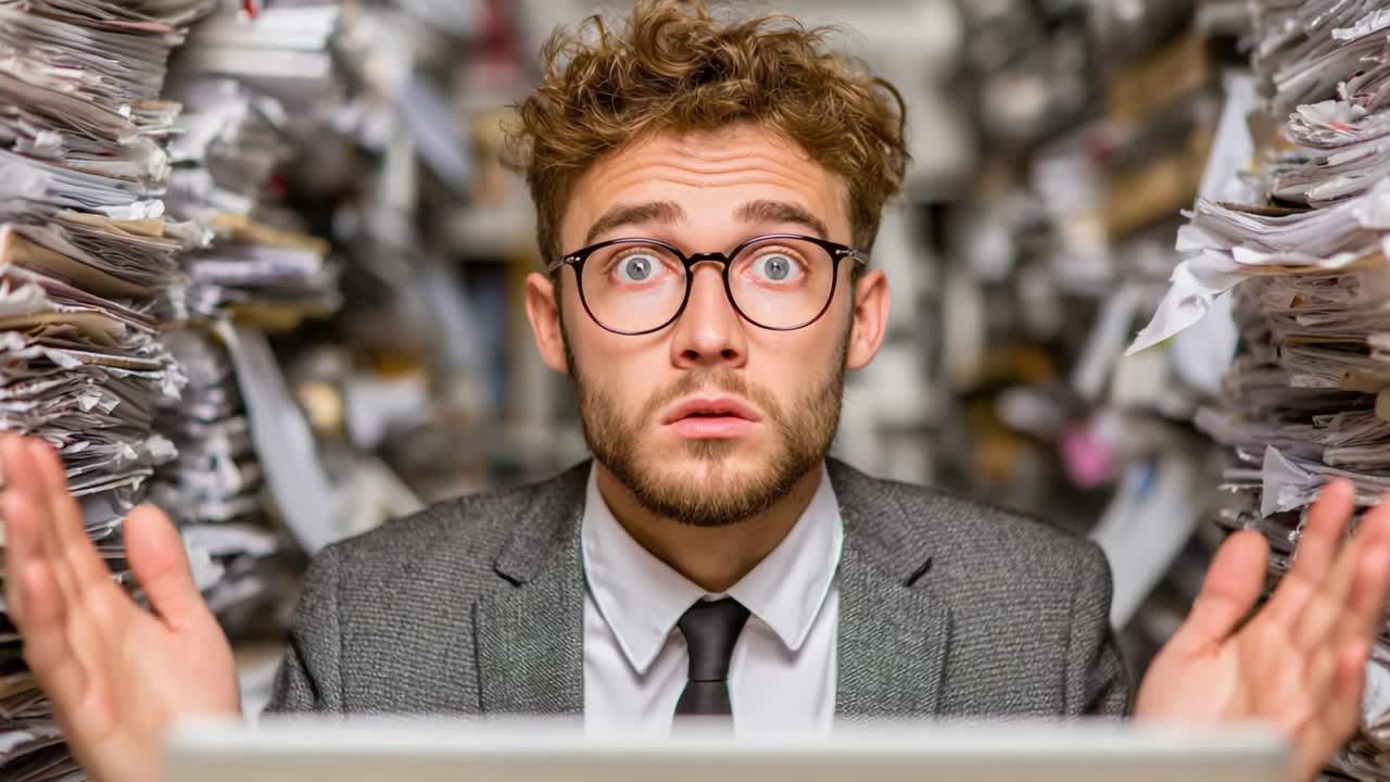 Overwhelmed and Confused: A Professional Struggling Amidst a Mountain of Disorganized Papers and Files in a Chaotic Office Environment