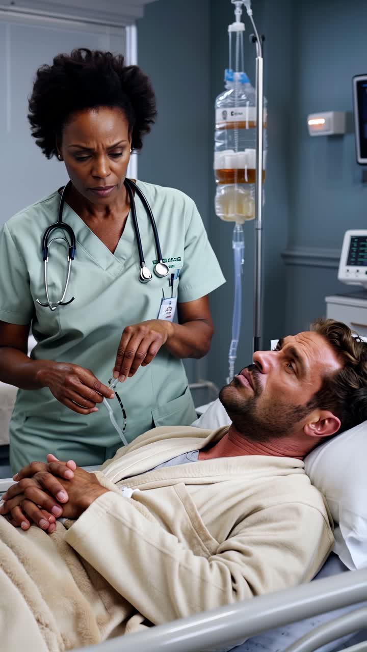 A man is in a hospital bed with a nurse standing next to him
