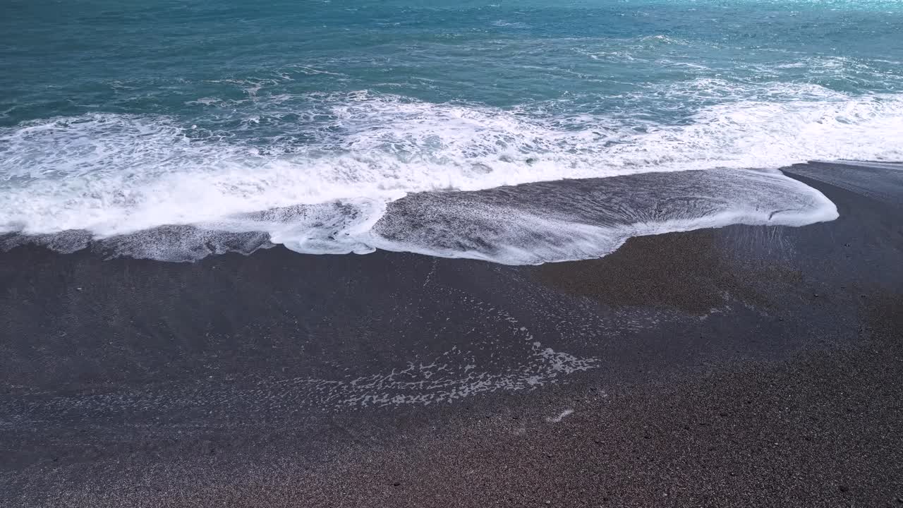 Foamy Crashing Waves On At Spiaggia San Marco In Calatabiano, Sicily, Italy. Aerial Shot