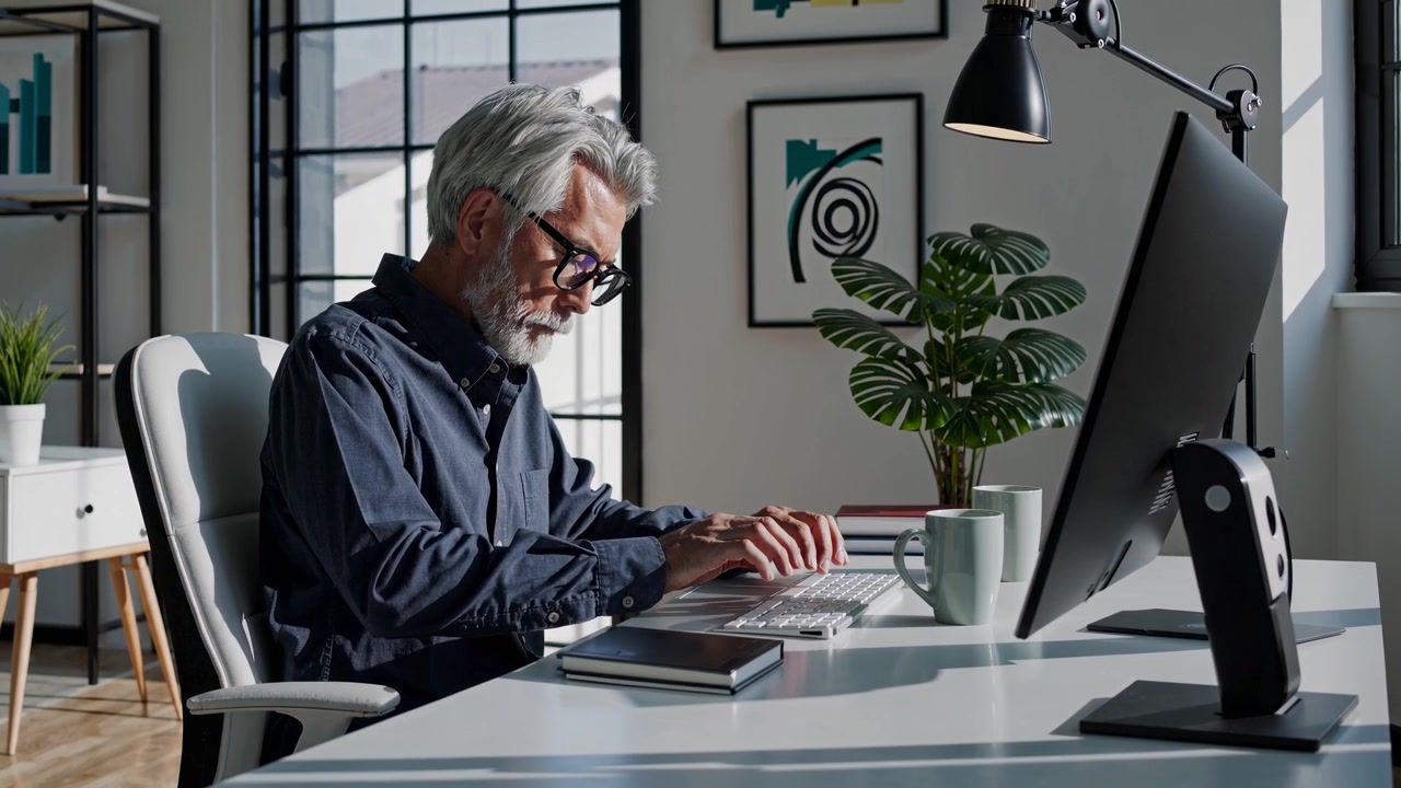 Senior Man Working on Computer in Modern Home Office