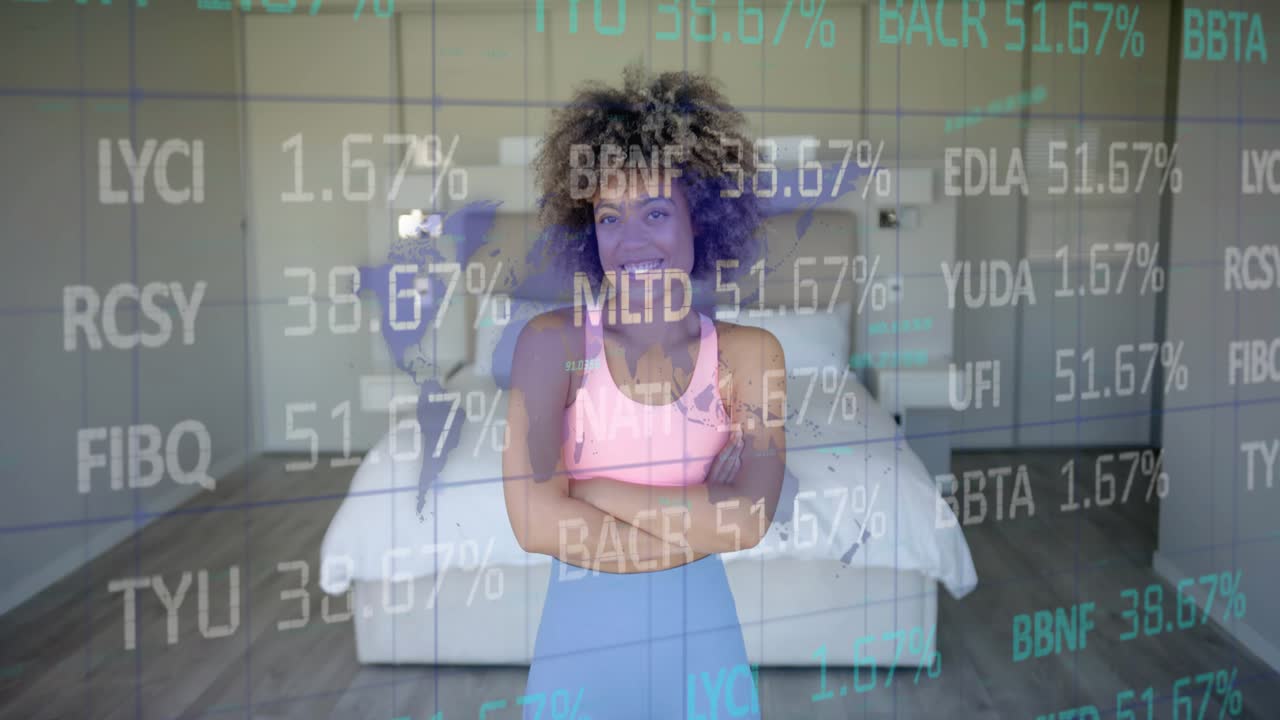 Mulher no quarto sorrindo e mudando de posição enquanto dados passam ao redor dela, mostrando estatísticas de boa forma, impulsionando o movimento