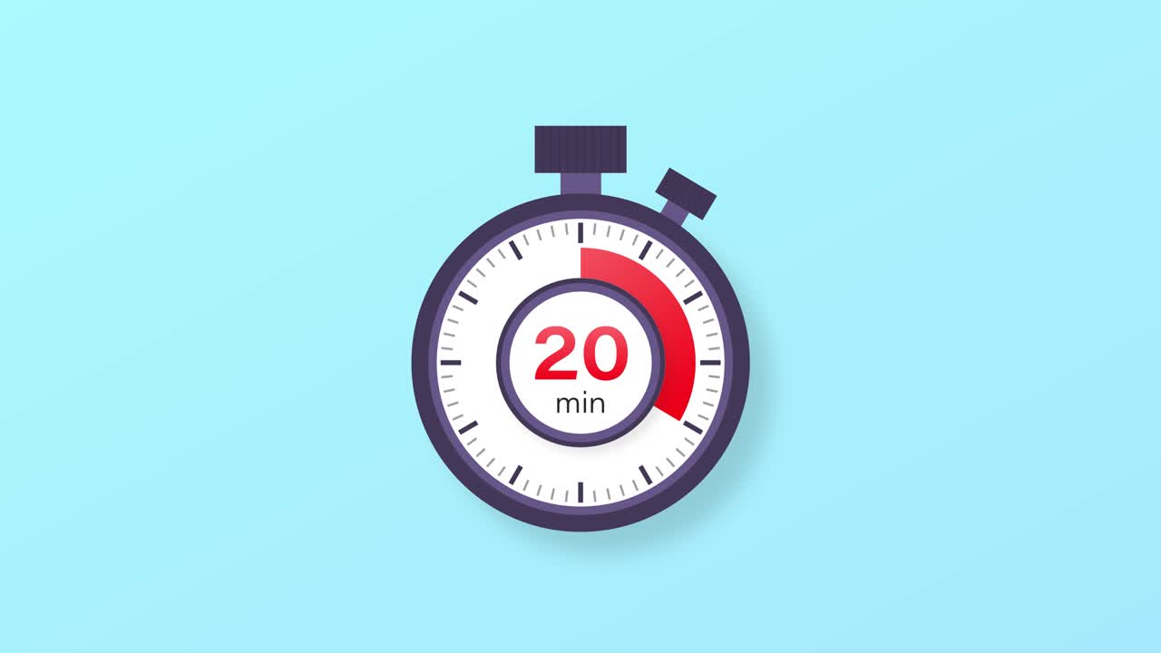 The 20 minutes timer. Stopwatch icon in flat style. Motion graphics.