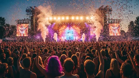 a vibrant music festival scene captured at sunset, showcasing an enthusiastic crowd waving their hands as a dazzling performance unfolds on stage amidst colorful lights and confetti