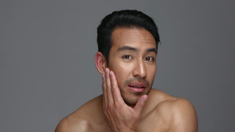 asian man, face and skincare for grooming