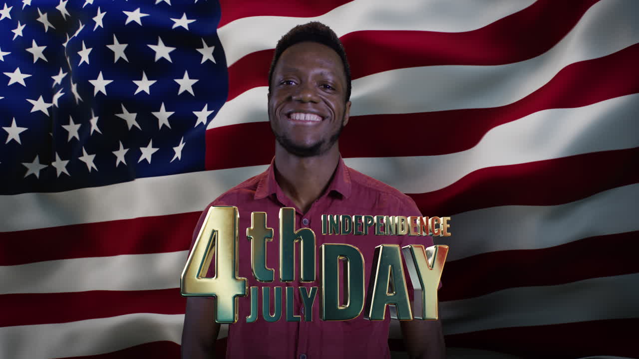 Smiling Man in front of American Flag with 4th of July Independence Day text