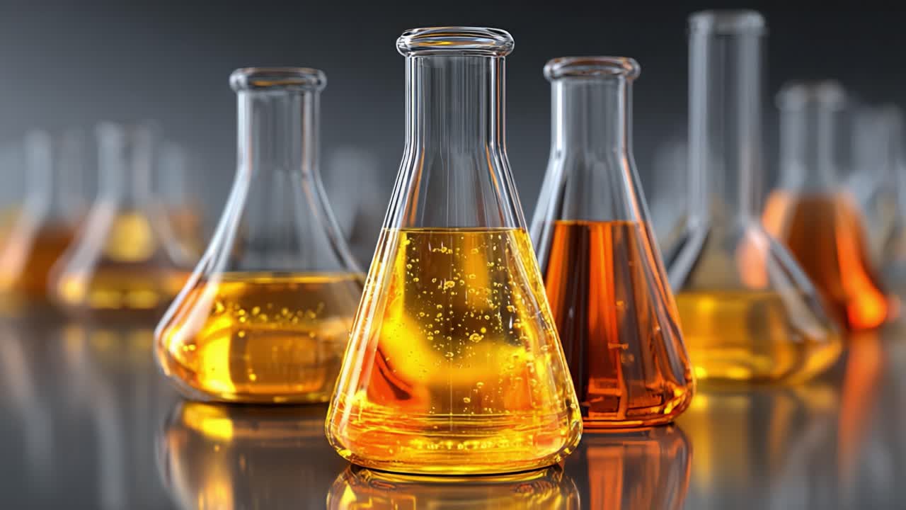 En samling laboratorieglassutstyr med fargerike væsker som viser kompleksiteten i kjemiske eksperimenter og vitenskapelig utforskning i et moderne miljø