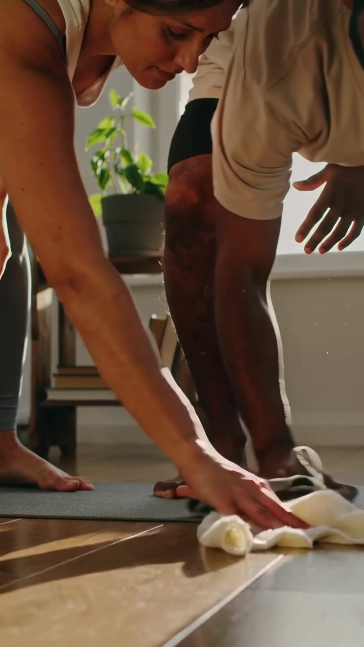 Vertical video: Bending couple on mats at home, woman drying floor with white towel in activewear