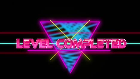 Animation-of-level-completed-text-in-metallic-pink-letters-and-neon-triangle-on-black-background