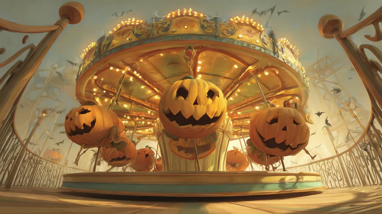 A Spooky Carousel Featuring Grinning Pumpkin Heads Illuminated by Twinkling Lights Creates a Magical Atmosphere Perfect for Halloween Celebrations and Festivities