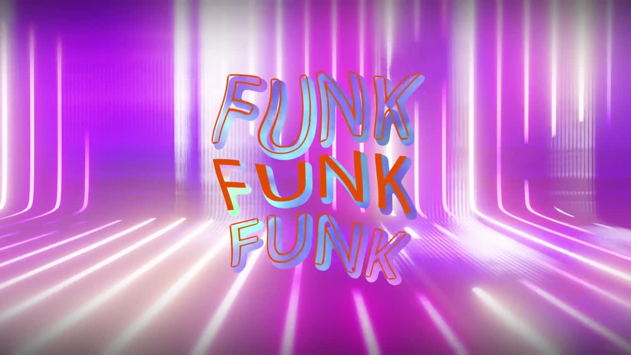 Animation of funk texts and light trails over black background