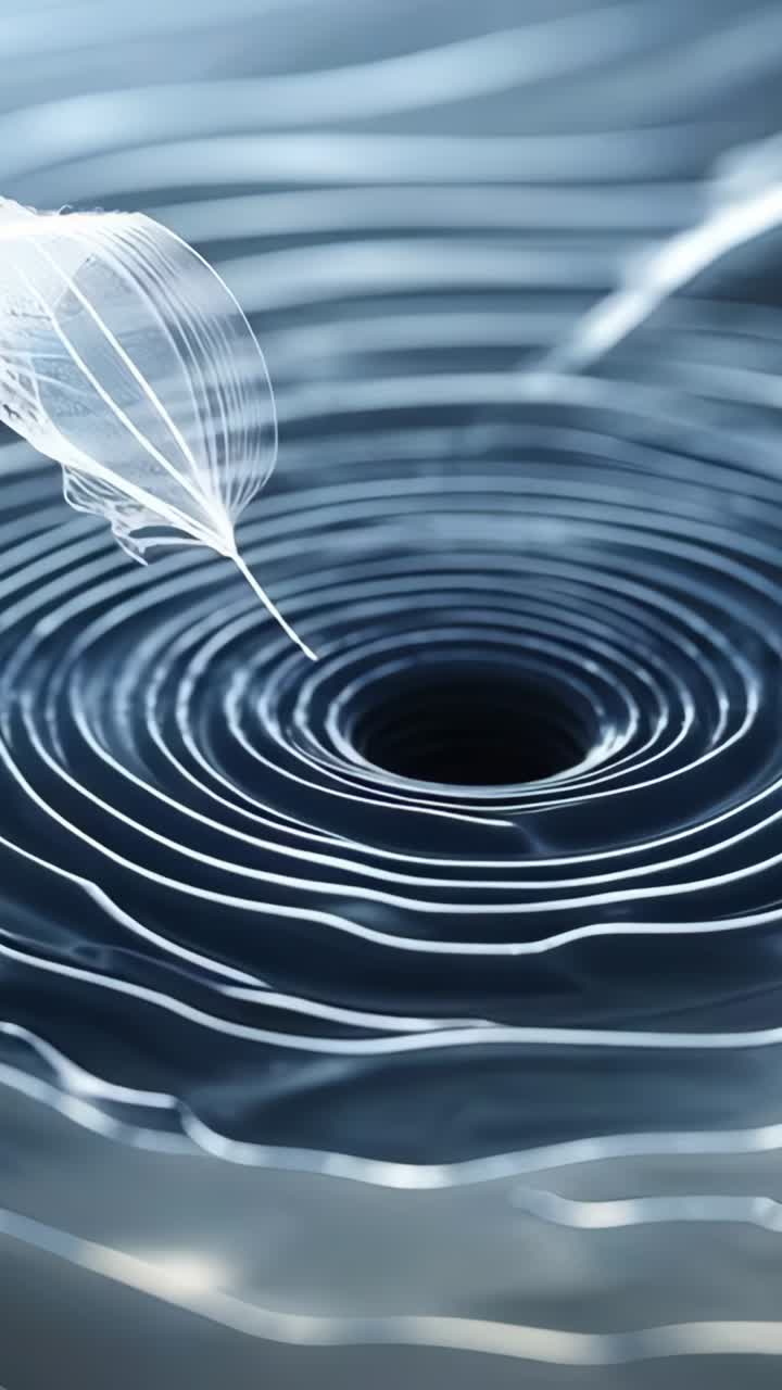 Vertical video: Gravity pulling dandelion seed drifting onto liquid, creating ripples around vortex