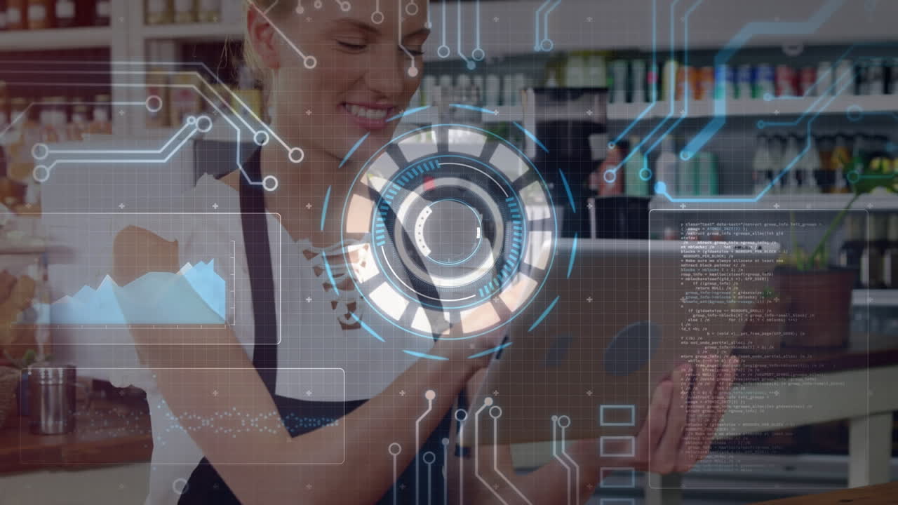 animación de pantalla digital con circuito integrado sobre feliz asistente de tienda caucásica