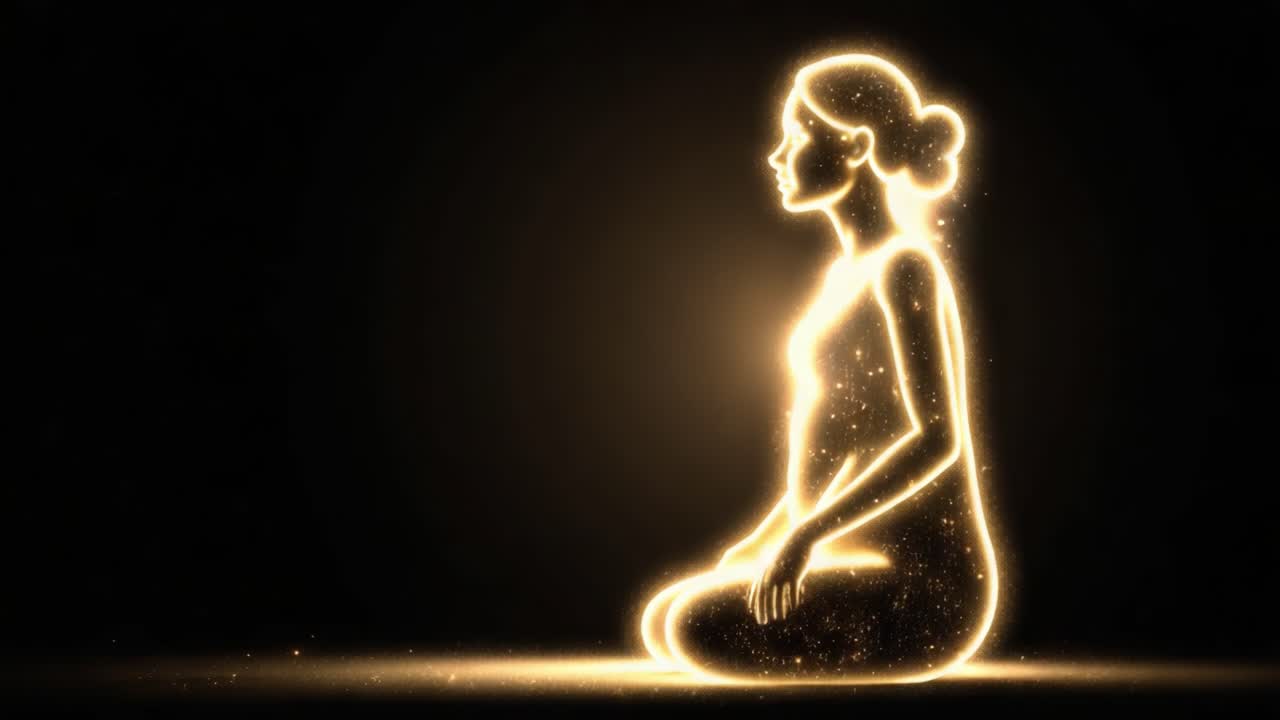 Una Figura Luminosa in Contemplazione: Una Rappresentazione Eterea di Pace Interiore e Tranquillità Attraverso Scintille di Luce Illuminanti.
