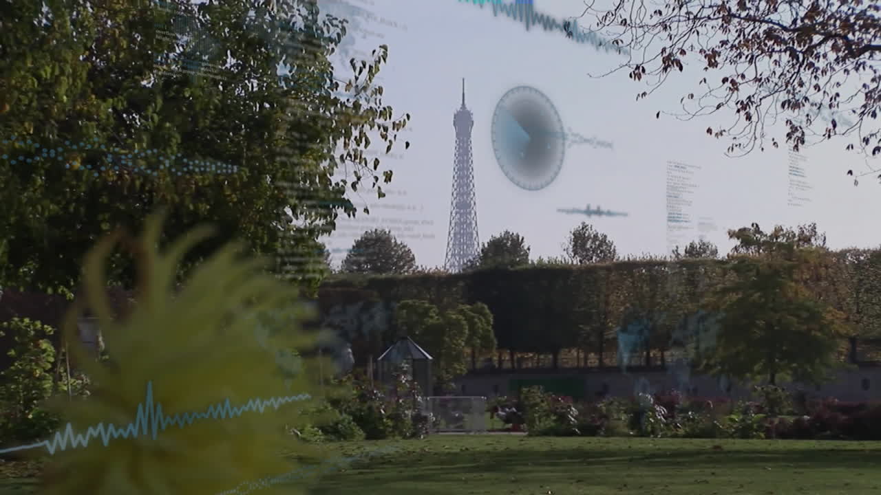 Eiffel Tower rising in landscaped urban park, with semi-transparent data overlays and flowerbeds