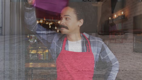 animación de personas caminando sobre un hombre trabajando en una cafetería