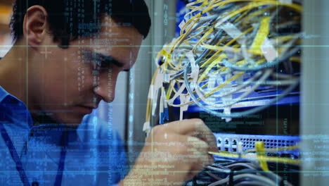 trabajo en cables de servidor, técnico con superposición de animación de procesamiento de datos