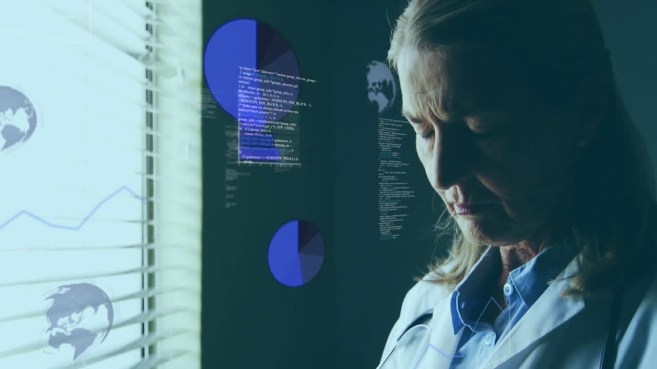 Looking out window, woman in office with data visualization animation overlay