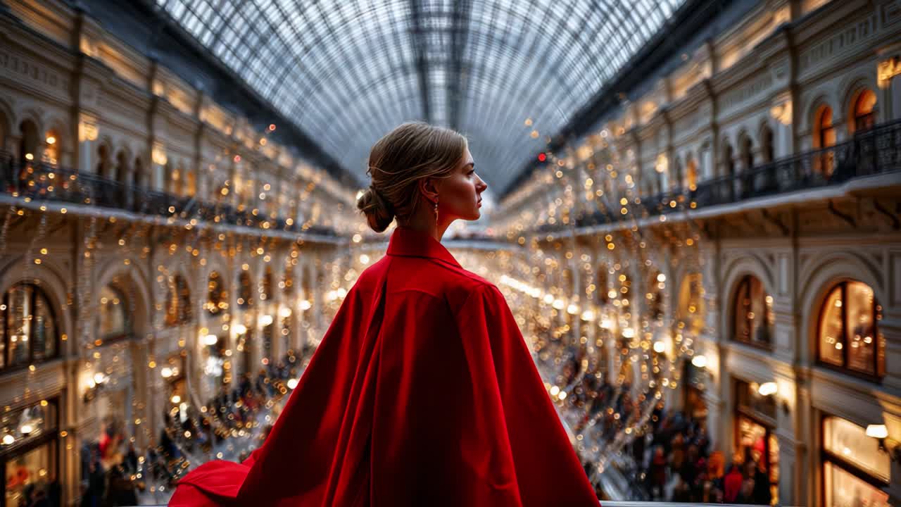 A Stunning View of a Woman Draped in a Brilliant Red Cloak Overlooking an Elegant Shopping Arcade Decorated with Twinkling Lights and a Grand Glass Ceiling at Dusk