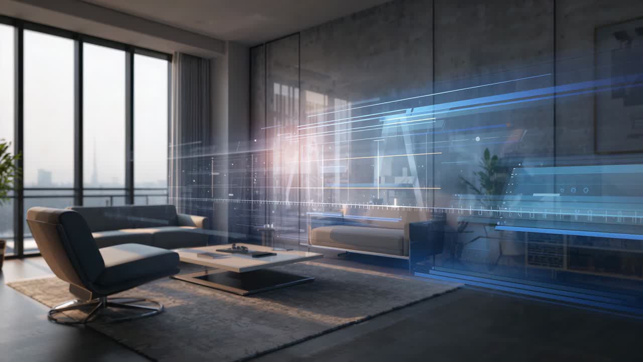 Starting hologram blue light sweeping across glass partition near sofa in city flat tinting plant
