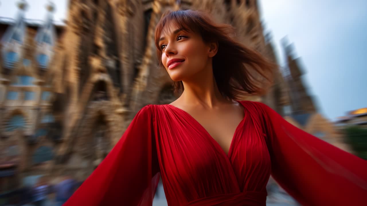 Una mujer elegante con un vestido rojo gira alegremente frente a una gran obra maestra arquitectónica, capturando un momento de belleza y elegancia en medio de un entorno vibrante.