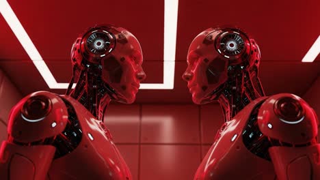 futuristic encounter: two identical robots engage in a hypnotic stare within a spectacular red-illuminated environment, exploring themes of technology and identity.