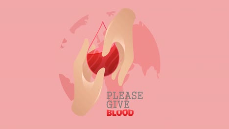 animation of please give blood text, with hands and droplet logo over globe, on pink background