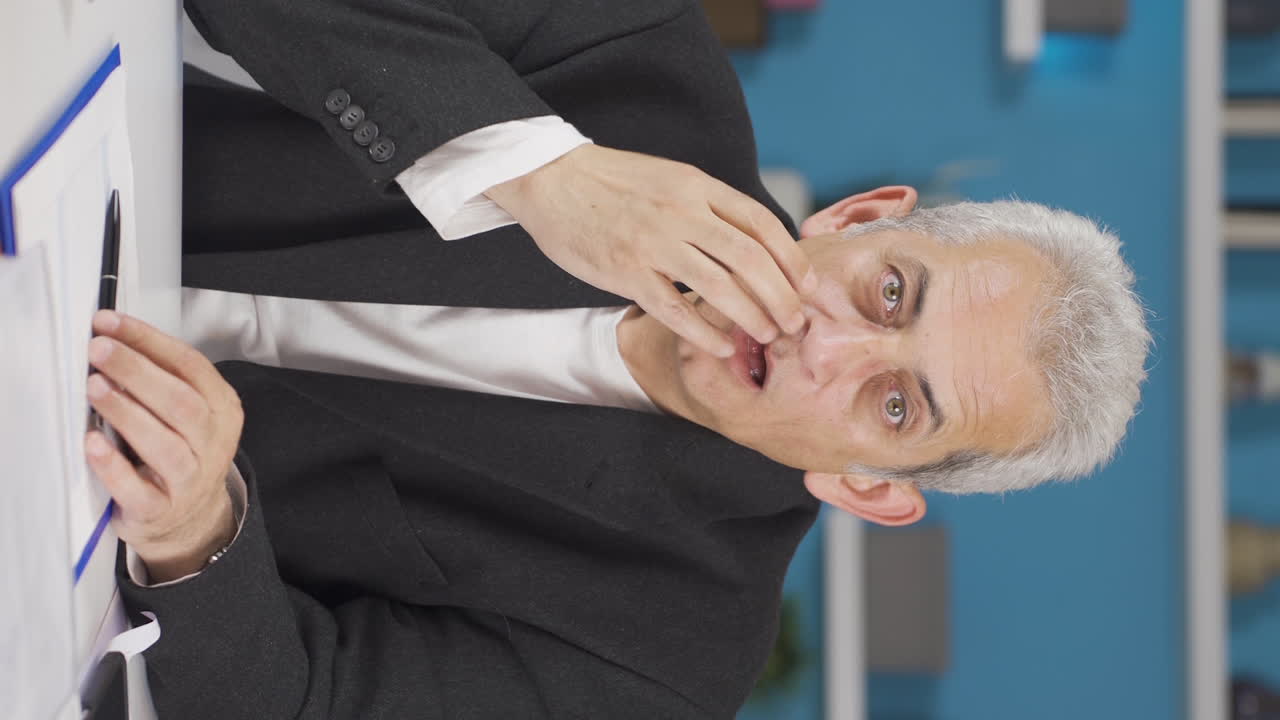 video vertical de un trabajador de oficina en casa mirando a la cámara confundido.