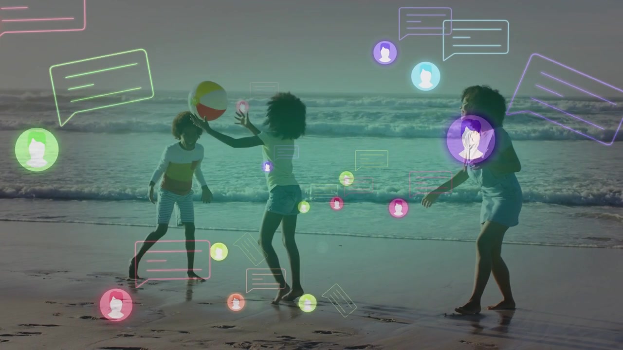 Kid tossing striped beach ball kid catching mom following avatar bubbles growing over sand for ads