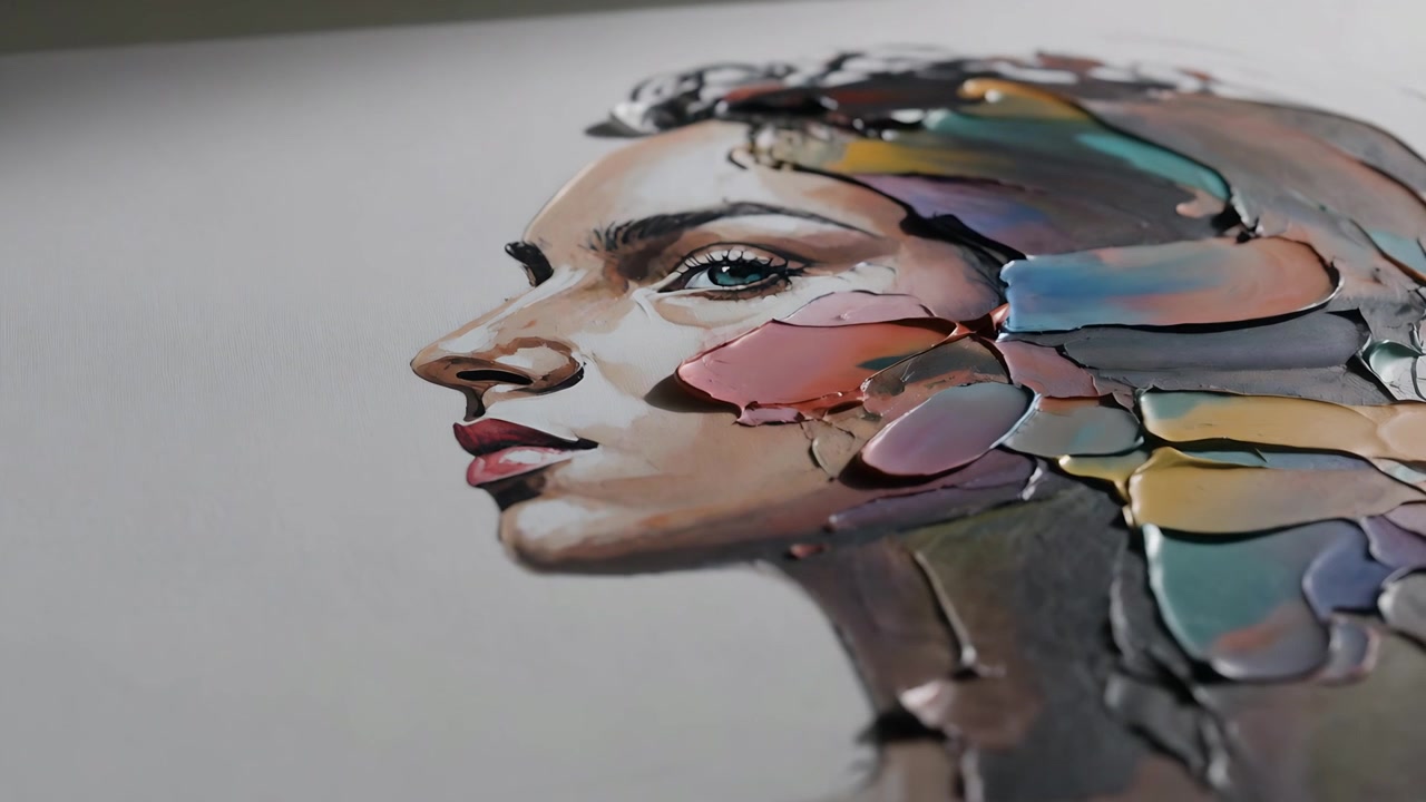 Câmera começando a se aproximar lentamente e inclinando-se sobre um retrato pintado no estúdio, revelando o impasto.