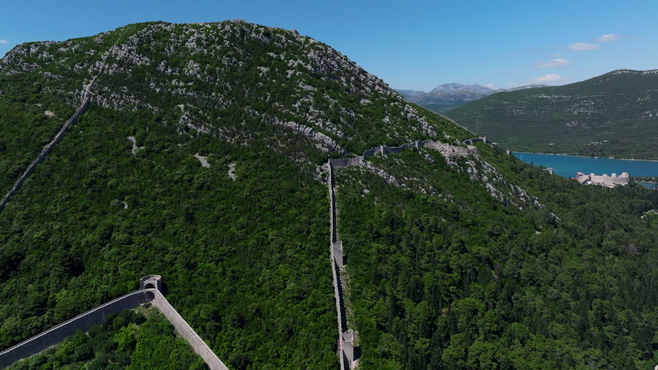 Aerial View Of Defensive Walls Of Ston on The Mountain In Croatia.