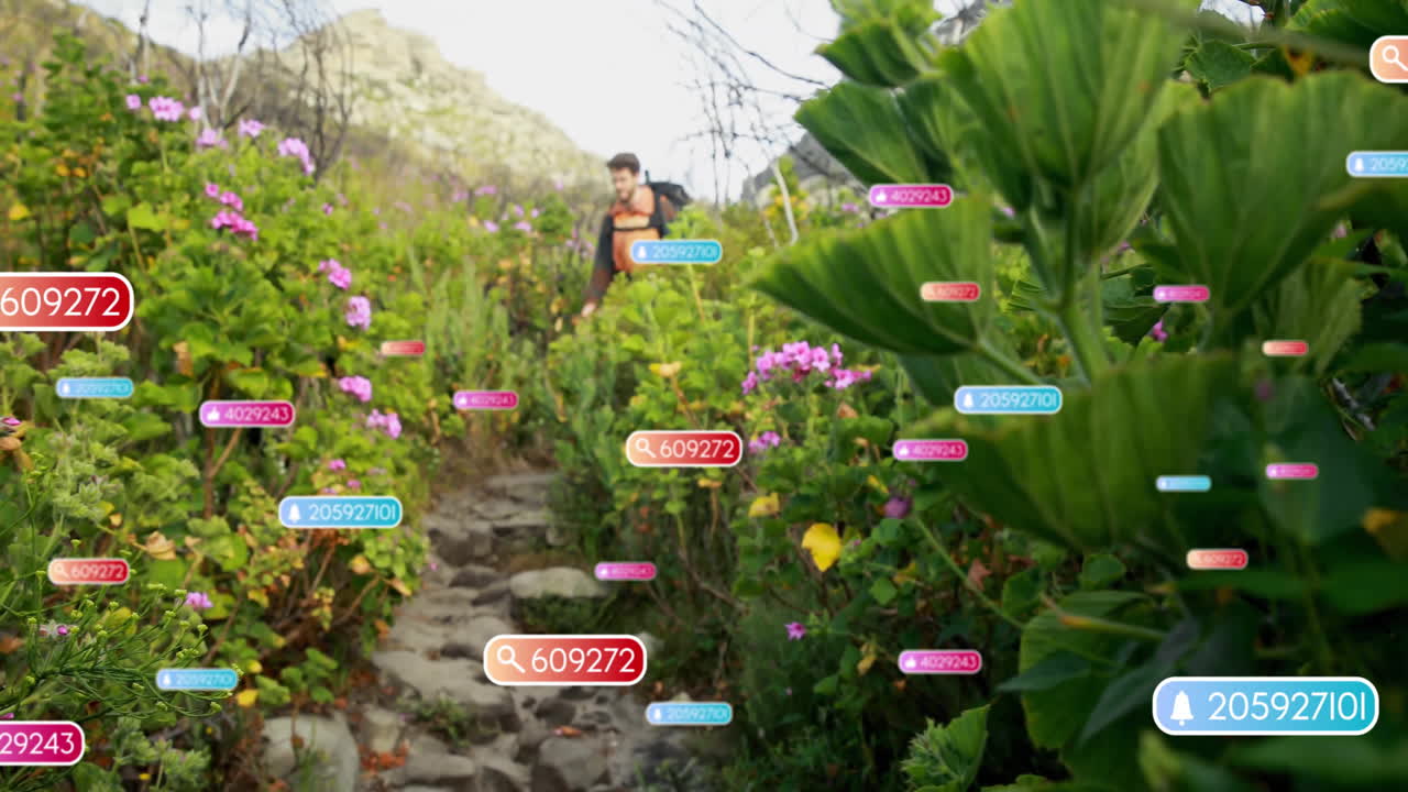 hiker exploring rugged mountain path, examining floating AR tech labels mapping wildflowers, rocks