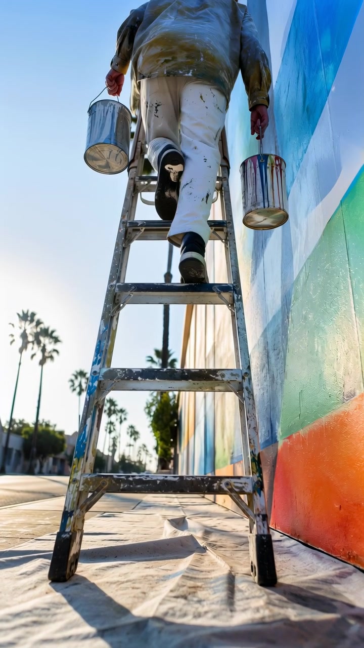 Low-angle rear view follows a person stepping upward on a paint-splattered ladder while holding metal cans, with blue, green and orange wall sections glowing in bright outdoor light.