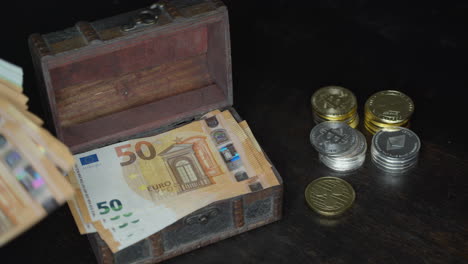 cryptocurrencies in the form of coins on a pack of euro