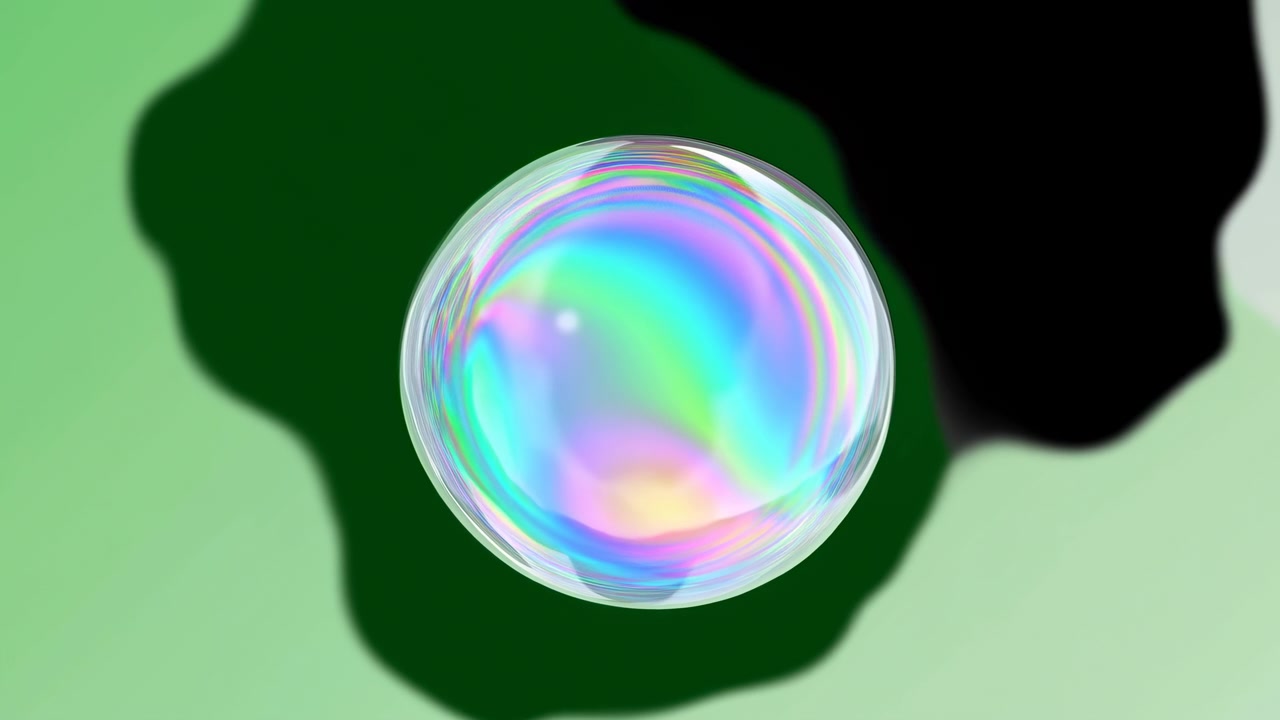 Iridescent Soap Bubble Above Green Shadow, Floating Slowly Over Smooth Mint Surface, Shimmering Rainbow