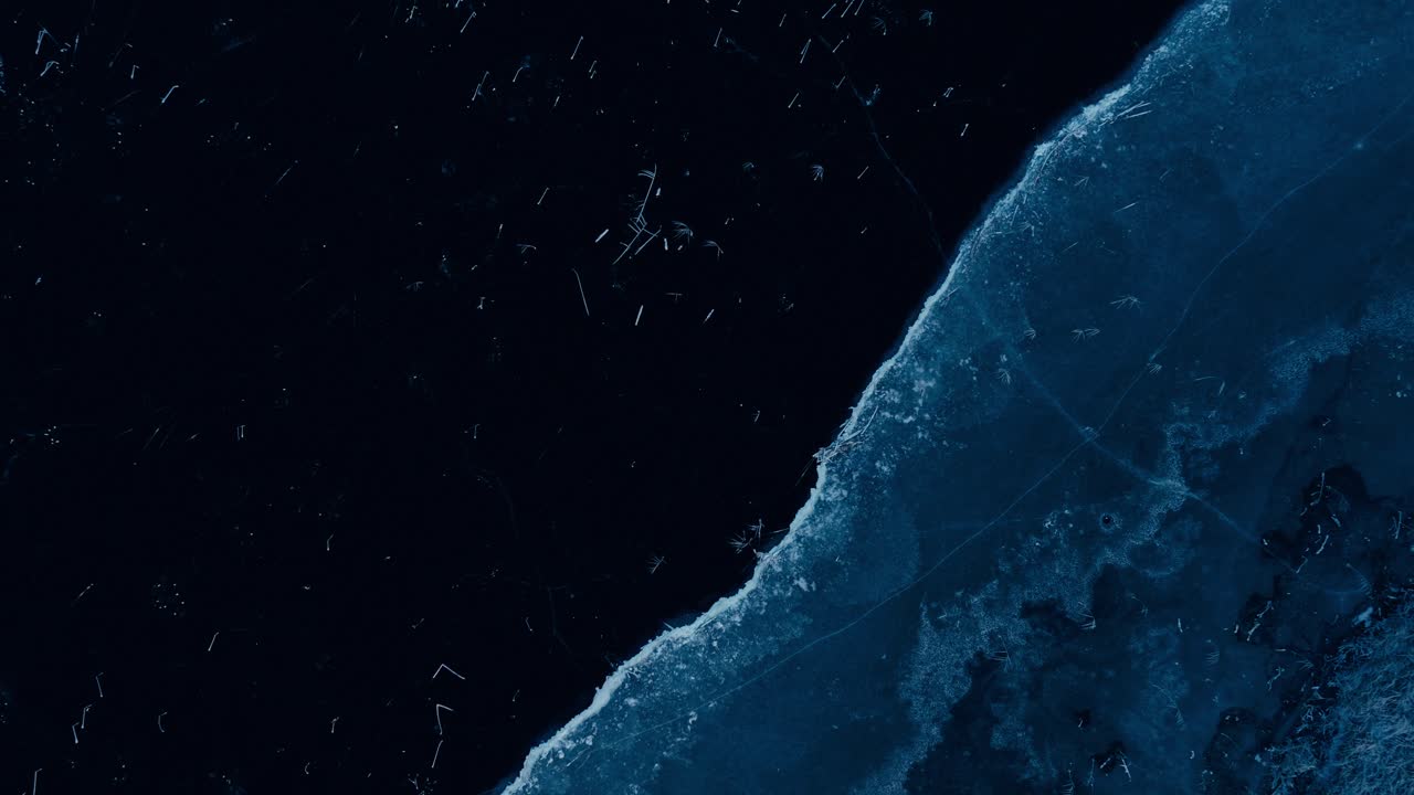 Indre Fosen, Trondelag County, Norway - The Snow-covered Lakeshore of Omundvatnet - Aerial Top Down